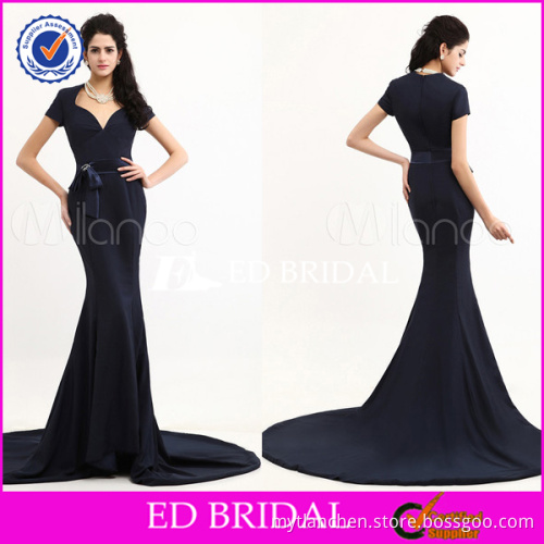 YW270 Royal Blue Short Sleeve Modest Covered Back Fishtail Alibaba Evening Dresses